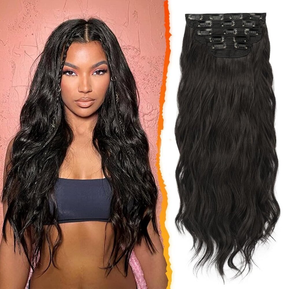 Clip in Hair Extensions Synthetic Black Brown 18 Inch Long Voluminous Style
